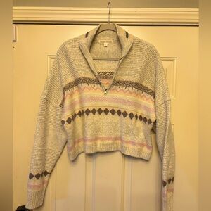 Cropped Grey Patterned Quarter Zip Sweater